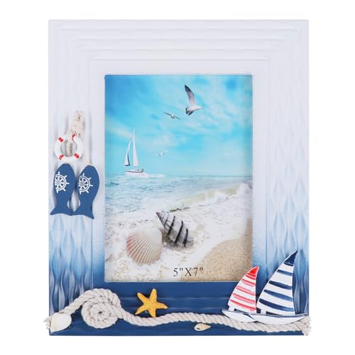 Veemoon Marco de Fotos Náutico de Madera de 7 Pulgadas Vertical, Estilo Mediterráneo Temática del Océano, Soporte Estable para Decoración de Escritorio y Hogar, Portafotos Marinero