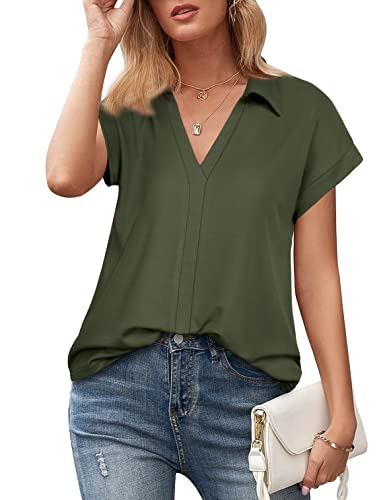 Vivilli Ladies Polo Shirts With Collar Cotton Work Tops For Women Office Business Casual Tops For Women Relaxed Fit Dressy Collared Blouses Women Summer Tunic Tops Army Green Xxl #TOP2