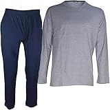 HOM Herren Cotton Comfort Long Sleepwear Pyjamaset, Oberteil: Marineblau meliert, Unterseite: Marineblau, L