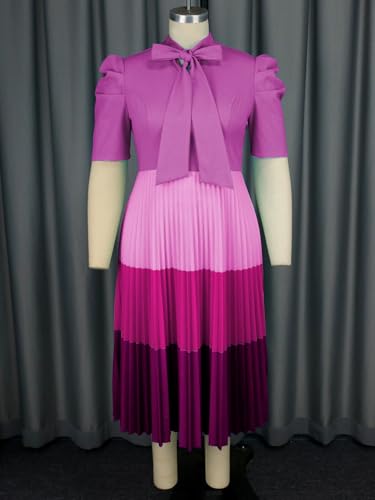 AOMEI Women's Colorblock Bowtie Neck Half Sleeve Pleated A-Line Midi Dress4