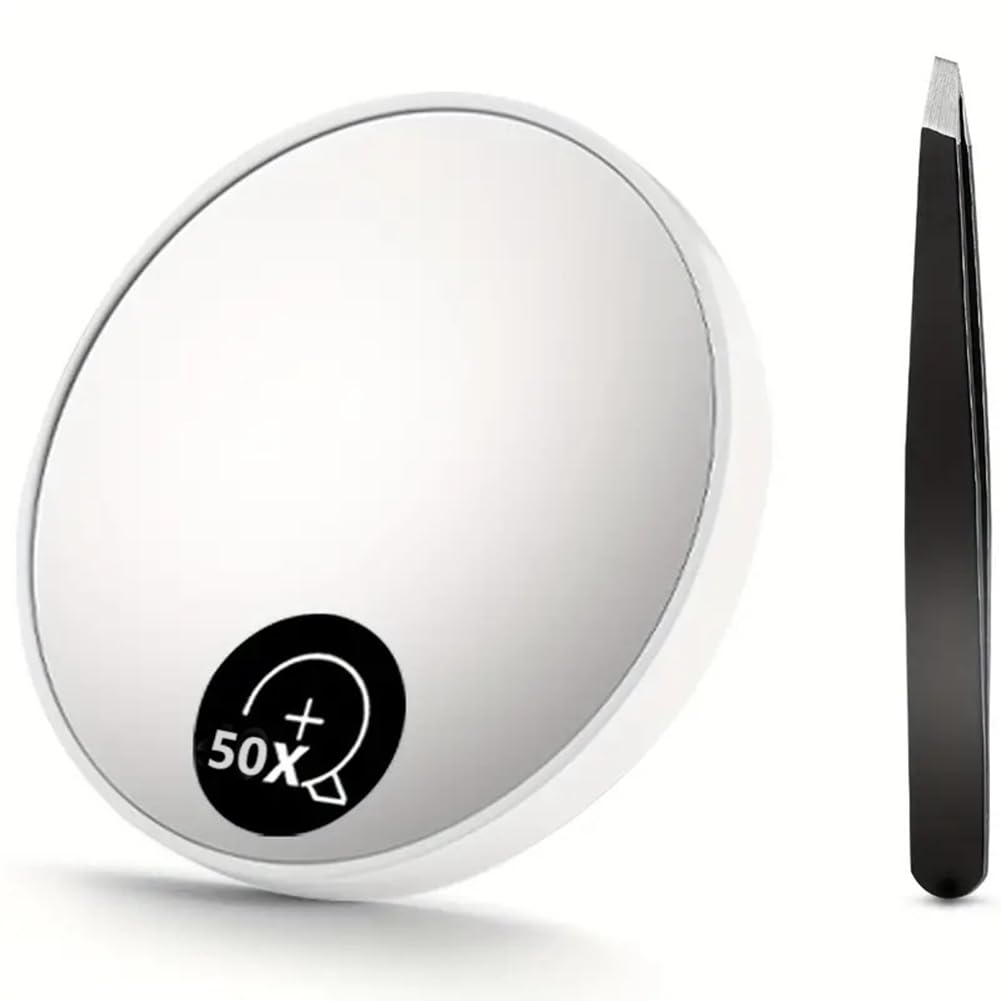 Aundhegrtt 50X Magnifying Mirror with Suction Cups 3.5 Inches Magnified Makeup Mirror and Slant Tweezers for Detailed Skincare