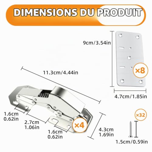 Charnière Porte Cuisine, Quincaillerie Placards avec kit réparation charnière 8 Pièces, Charnière Sans Perçage Hydraulique Fermeture Douce, Charnières Hydraulique pour Rénovation Armoire – vue 2