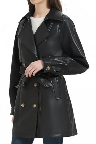 RISISSIDA Women Faux Leather Long Jacket,Double Breasted Spring Fall Pleather Casual Lapel Mid Length Trench Coat with Belt