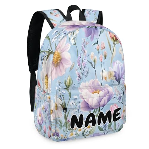 Personalized Spring Floral Travel Backpack for Men Women, 16 Inch Elegant Waterproof Lightweight Custom Backpack with Name for Work Travel Hiking