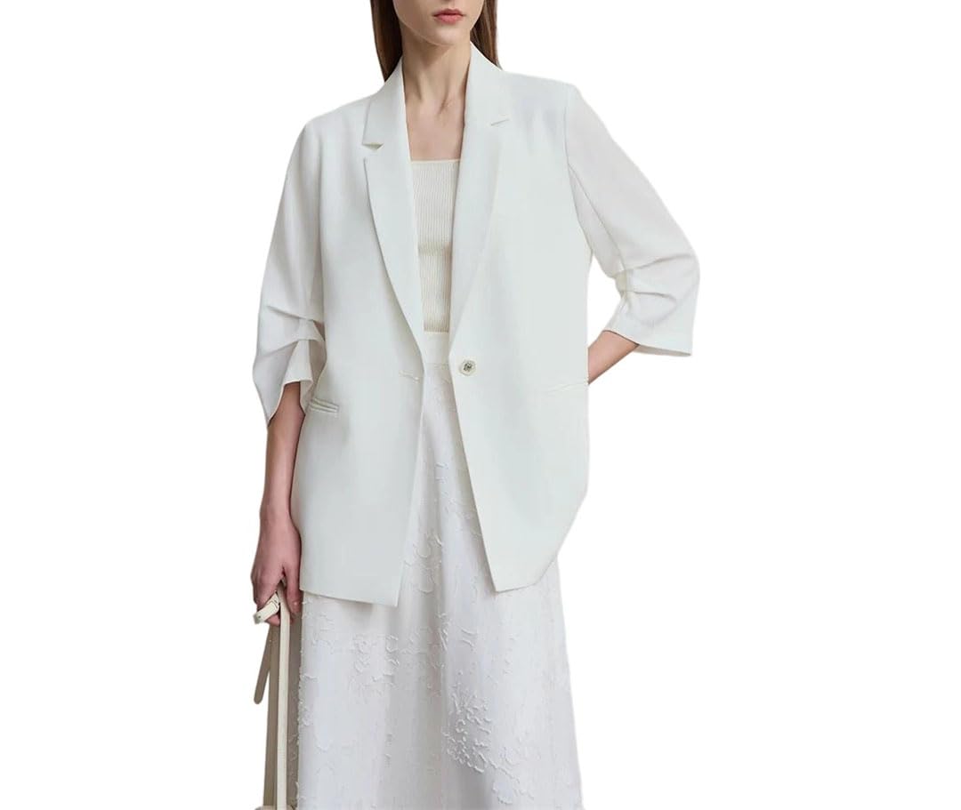 Womens Quarter Sleeve Blazer Lapel Button Detail Commuter Minimalist