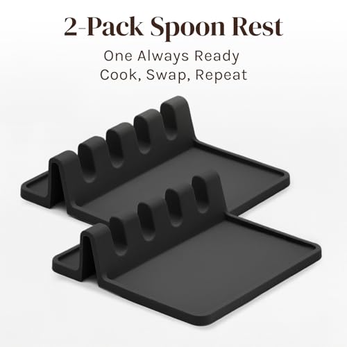 Image of Cooler Kitchen Black Silicone Spoon Rest for Stove Top with Drip Pad (Two Pack) - Heat-Resistant, BPA-Free Utensil Rest & Spoon Holder for Kitchen Counter - Grill Utensil Holder for Spatulas