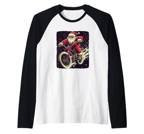 Divertente Babbo Natale in Bicicletta per Ciclisti Festivi Maglia con Maniche Raglan