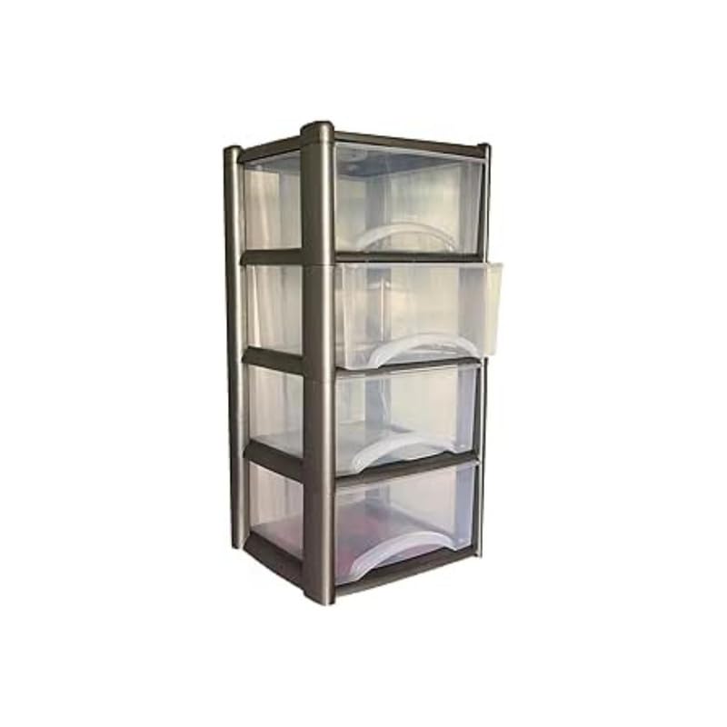 Neat. 4 Plastic Storage Drawers Unit with See-Through Drawers, Compact Vertical Design – Durable Plastic, Ideal for Organizing Office Crafts, and Household Items, 80cm x L39cm x W39cm - Silver