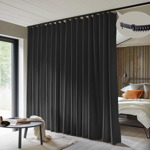Image of MaKefeile Room Divider Curtains with Flexible Ceiling Tracks Set,(Black Drape & Black Rail W 15 x H 9 FT)