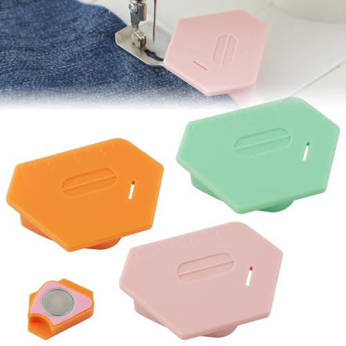 3 Pcs Magnetic Seam Guide for Sewing Machine, Polygonal Multifucntional Seam Guide Hemmer with Scale, Sewing Quilting Supplies Accessories (Pink/Green/Orange)