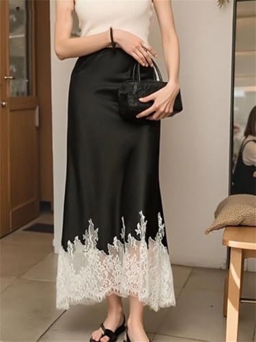Women’S Elegant Satin A-Line Skirt with Patchwork Lace Hem High Waist Streetwear Mid-Calf Long Skirt3
