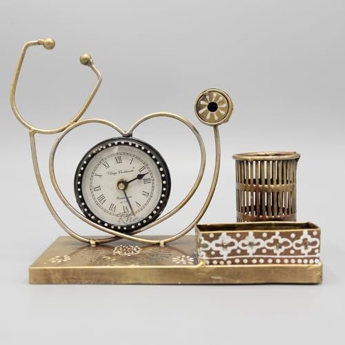 Image of Metal Stethoscope Pen Stand with Clock, Copper Finish Showpiece | Antique Copper Finish Desk Organizer, Doctor Gift & Office Table Decoration Showpiece, Single Pack