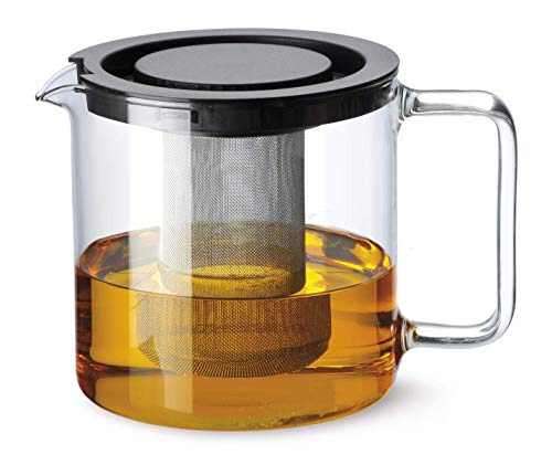 Simax Glassware 1 Quart Teapot with Metal Mesh Infuser | Plastic Lid, Microwave and Stovetop Safe, Heat, Cold, and Thermal Shock Resistant Borosilicate Glass, Makes a Stunning Presentation