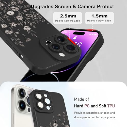 Image of Designed for iPhone 14 Pro Max Case Flower for Women Girls, Black | Cute Floral Pattern Liquid Silicone Phone Case [Full Camera Protection] Slim Soft TPU Protective Cover