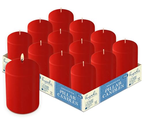 HYOOLA Red Pillar Candles 2x3 Inch - 12 Pack Unscented Bulk Pillar Candles - European Made