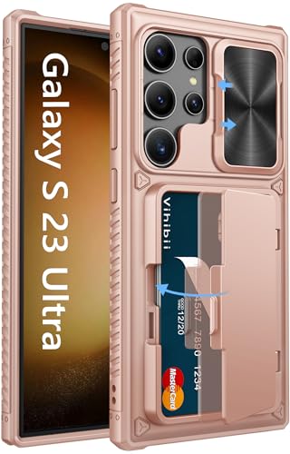 Image of Vihibii PC For Samsung Galaxy S23 Ultra Cover With Slide Camera Cover & Card Holder (4 Cards) & Kickstand, Hard Protective Case For Galaxy S23 Ultra, Rose Gold