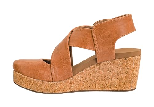 Corkys Footwear Case Closed Wedge A Stylish 2.5-Inch Heel with 1-Inch Platform, Closed Toe, Cross Strap Upper, Hook N Loop Ankle Strap Closure, and EVA Insoles - Cognac Smooth Size 8