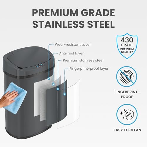 Image of SensorCan 13 Gallon Automatic Sensor Trash Can with Lid, AC Adapter Included, AbsorbX Odor Control, Gunmetal Gray Stainless Steel Kitchen Garbage Bin, Fingerprint-Proof, Hands-Free Operation, Oval