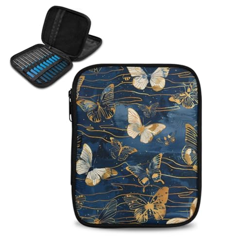 Image of Crochet Hook Case Vintage Butterfly Crochet Hook Holder Portable Crochet Hook Storage Bag with Web Pockets Suitable for Crochet Needles /Knitting Accessories