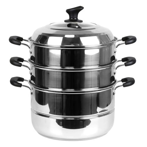 Image of Non Electric Momo Steamer Stainless Steel Cookware 3 Tier with Lid Induction Base /Gas Burner Momo maker, Pasta Steamer, Vegetable Steamer, Momo Steamers, Rice Steamer 34 cm (34 cm)