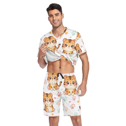 Mens Short Sleeve Pajama Set Cute Tiger Pattern Prints Design 2-piece Lounge Sleep Sets Men's Sleepwear S-XXL3