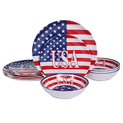 Melamine Dinnerware Sets 12 Pcs Independence Day American Flag Melamine Dinner Plates, Dishes & Bowls Set for 4th July