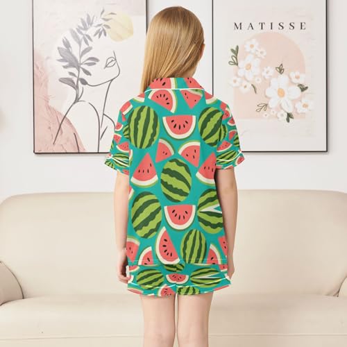 Satin Pajama Sets Short Sleeve Watermelon Slices on Teal Background Button Down Silky Nightwear 2 Piece PJS 5-14Y4