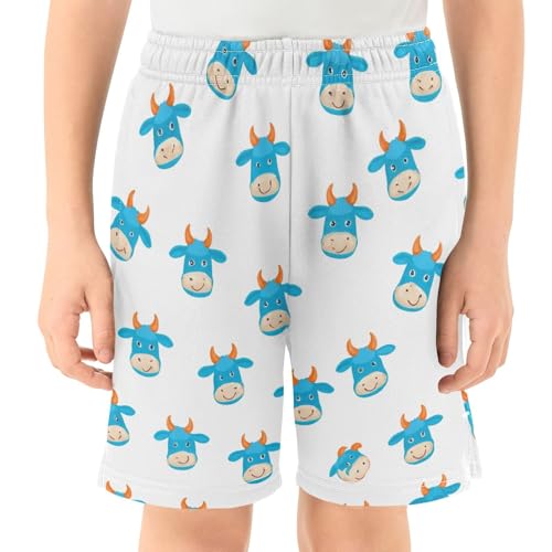 Blue Cow Heads Athletic Shorts with Zipper Pockets, Youth Boys Athletic Running Shorts for Summer2