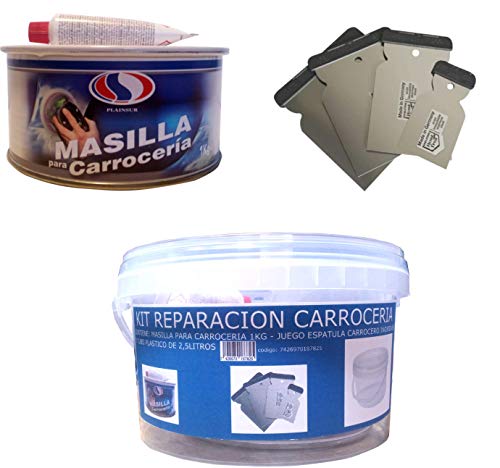 KIT REPARACION CARROCERIA (MASILLA PARA CARROCERÍA 1 KG + JUEGO ESPATULA CARROCERO INOXIDABLE + CUBO PLASTICO 2,5 LITROS) PLAIN+INOX