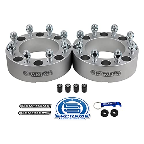Supreme Suspensions - 2" Wheel Spacers Kit for 2005-2022 Ford F-250 / F-350 Super Duty 2WD 4WD - BP: 8x170mm / CB: 125mm / Studs: M14x1.5 [2pc Silver Pack] - 4 Tire Valve Caps Included