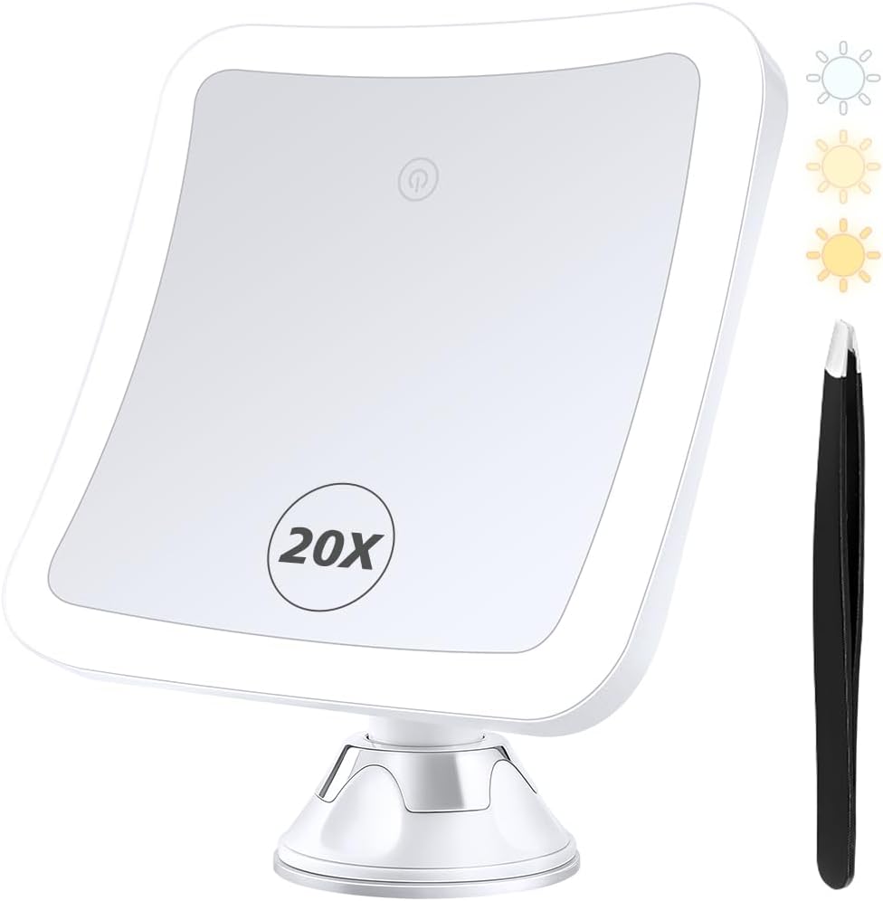 MIYADIVA Magnifying Mirror with Light, 20X Wall-Mounted Mirrors for Shaving, 360 Rotation Vanity Mirror, Magnifying Mirror Suction Cup, Rechargeable and 3 Color Lights