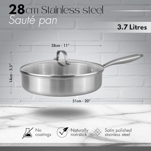 nuovva Stainless Steel Saute Pan with Glass Lid – Induction Hob Non Stick Saucepan – 28cm Frying pan - Image 3