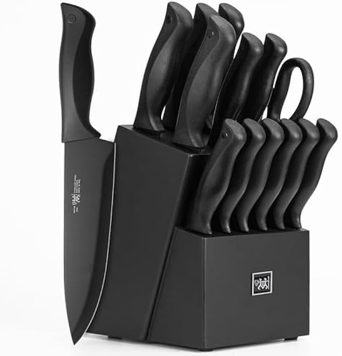 Knife Sets for Kitchen with Block, HUNTER.DUAL 15 Pcs Kitchen Knife Set with Block Self Sharpening, Dishwasher Safe, Anti-slip Handle, Black