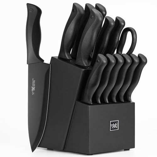 Knife Sets for Kitchen with Block, HUNTER.DUAL 15 Pcs Kitchen Knife Set with Block Self Sharpening, Dishwasher Safe, Anti-slip Handle, Black