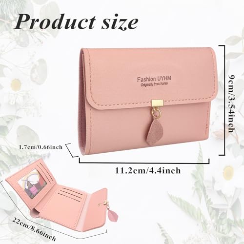 PU Leather Ladies Wallet Small with Metal Push Button Leaf Pendant, Bifold Short Wallet Ladies with Multi Cards Slots (Pink)3