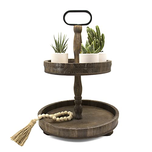 Banooo Two Tiered Tray Farmhouse, Tiered Tray Decorations , Distressed Wood Farmhouse Decor, Wooden Tiered Stand Rustic Modern Decorations Items for Home Kitchen Shelf Coffee Bar Table (Brown)