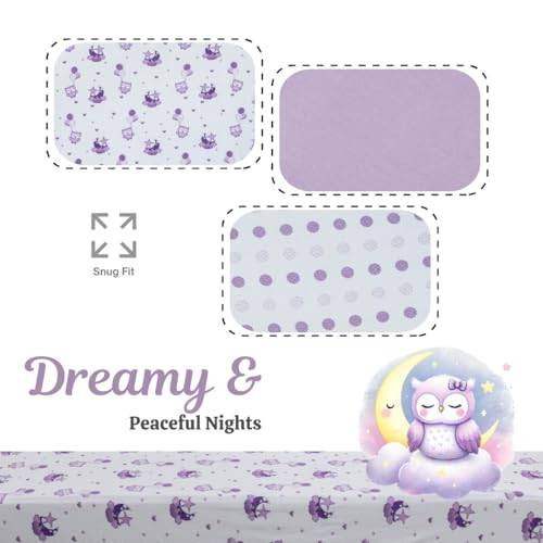 Image of 3 Pack Crib Sheets - Ultra Soft Jersey Cotton Baby Crib Sheets, Breathable Fitted Sheets for Standard Crib Mattress (52 inch x 28 inch), Baby Boy Crib Bedding Set - Purple Owl