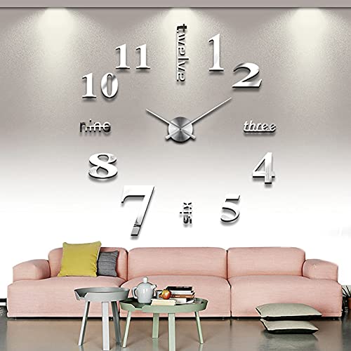 VinJoyce 3D DIY Large Wall Clocks for Living Room Decor, Wall Stickers Clocks for Living Room Decor, Silent, Modern Wall Clock for Kitchen, Office, School, Home, Bedroom, Living Room (Silver)