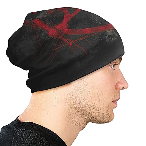 Foto von Lsjuee Schwarz-rote Pentagramm-Beanie-Mütze für Männer und Frauen, dünne Slouchy-Totenkopfkappe, Stretch-Strickmütze