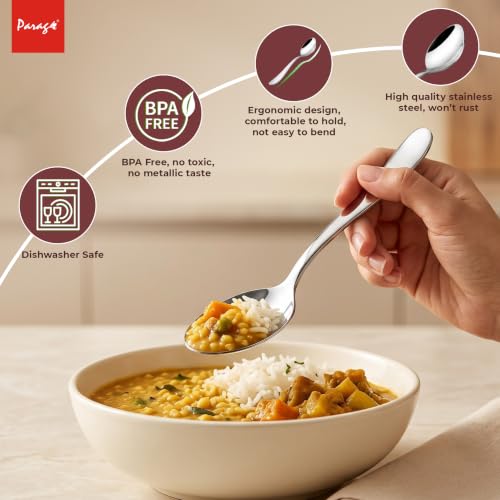 Image of Parage Tiara Stainless Steel Dinner Spoon Set of 6, Length 16cm Tableware with 2mm Thickness Spoons, Mirror Finish for Home Kitchen Dining