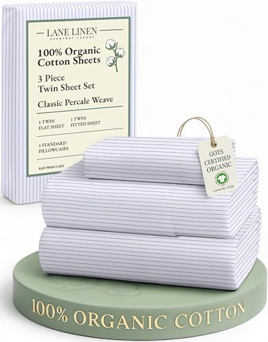 Image of LANE LINEN 100% Organic Printed Cotton Sheets Twin Size, Classic Ticking Stripe Print (Available in Variety of Prints) Soft & Comfy Low Pill Fade Resistant Naturally Cooling Machine wash Twin Sheets