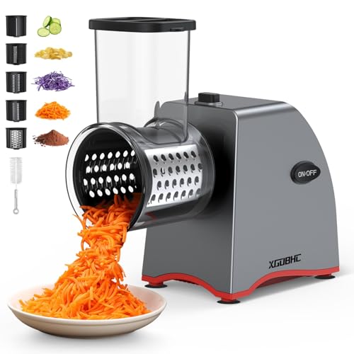 Electric Cheese Grater, Upgraded Salad Maker with 5 Replaceable Stainless Blades, 250W Electric Cheese Shredder, One-Touch Control Vegetable cutter Kitchen Slicer for Cheeses, Fruits, Nuts
