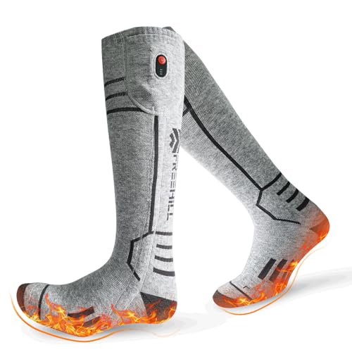 FREEHILL Merino Wool Heated Socks for Men Women, 5000mAh One-Click Control Rechargeable Cold Weather Heated Ski Socks