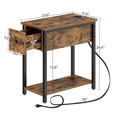 Rolanstar End Table, Sturdy Side Table With Charging Station, 2 Usb Ports, Drawer, Shelf And Large Storage, Narrow Bedside Table For Sofa, Living Room (Rustic Brown) #TOP2