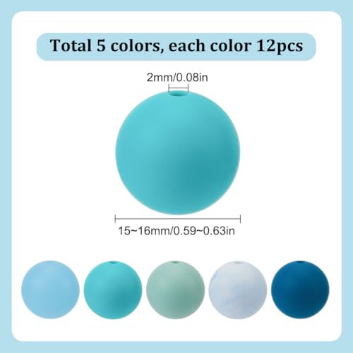 SOFPLATE 1 Box 60Pcs Round Silicone Bead Blue Focal Beads Bulk Mixed Color 15mm 16mm Rubber Soft Loose Spacer Beads for Bracelets Keychain Beadable Pens Necklaces Jewellery Making Beading DIY Crafts - Image 2