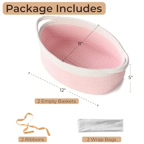 Image of Small Woven Gift Basket Empty with Bag & Ribbon - Gifts for Mom, Baby Shower, Birthdays & Raffle - Cotton Rope Storage Basket for Dog Toys or Shelf - 12 inchx8 inchx5 inch, White & Pink, 2-Pack