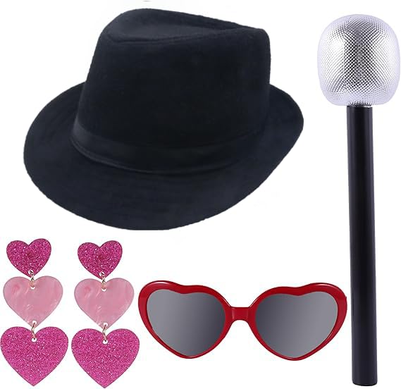 4 Pcs Halloween Singer Costume Black Bowler Hat Heart Sunglasses Fake...