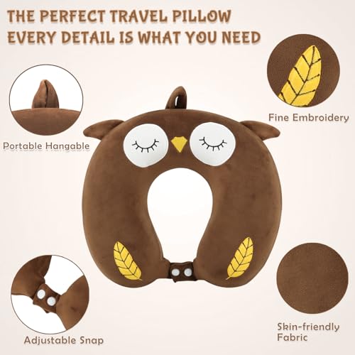 Image of Travel Pillow, Kids Travel Pillow with Sleep Eye Mask Soft Memory Foam Kids Neck Pillow for Boys & Girls, Travel Accessories for Car Airplane Traveling - Owl