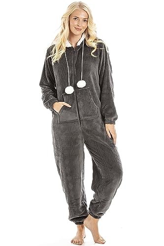 Camille Super Soft Zip-Up Hooded Women's Onesie | Thick Fleece Full-Length Women's All in One Lounge Suit | Long Sleeves, Cosy Hood, Pockets | Warm Material | Charcoal 14-16