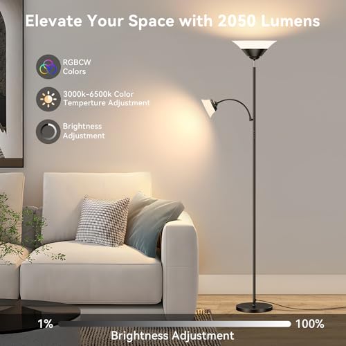 Image of SIBRILLE RGB Torchiere Floor Lamp, 2-in-1 Dimmable Standing Lamp with Remote & Button Control, 34W 360 Rotatable LED Reading Lamp, 72 inch Modern Tall Corner Lamp for Bedroom, Living Room, Office, Black